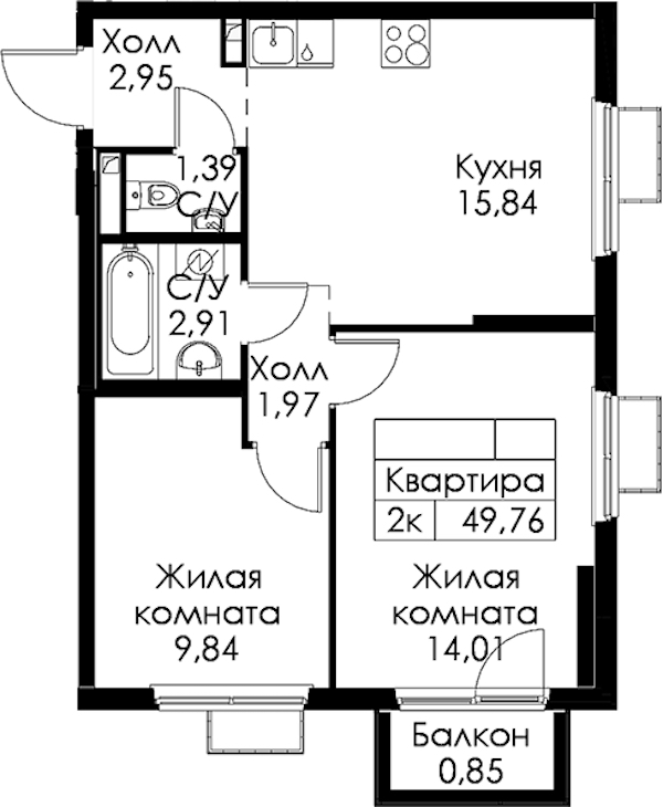 2-комнатная квартира 49.76 м², 15/15 эт., ЖК «Янинский лес»
